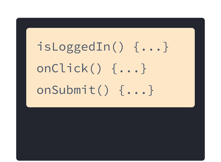 Kolme JavaScript-käsittelijää keltaisella taustalla: isLoggedIn, onClick ja onSubmit.